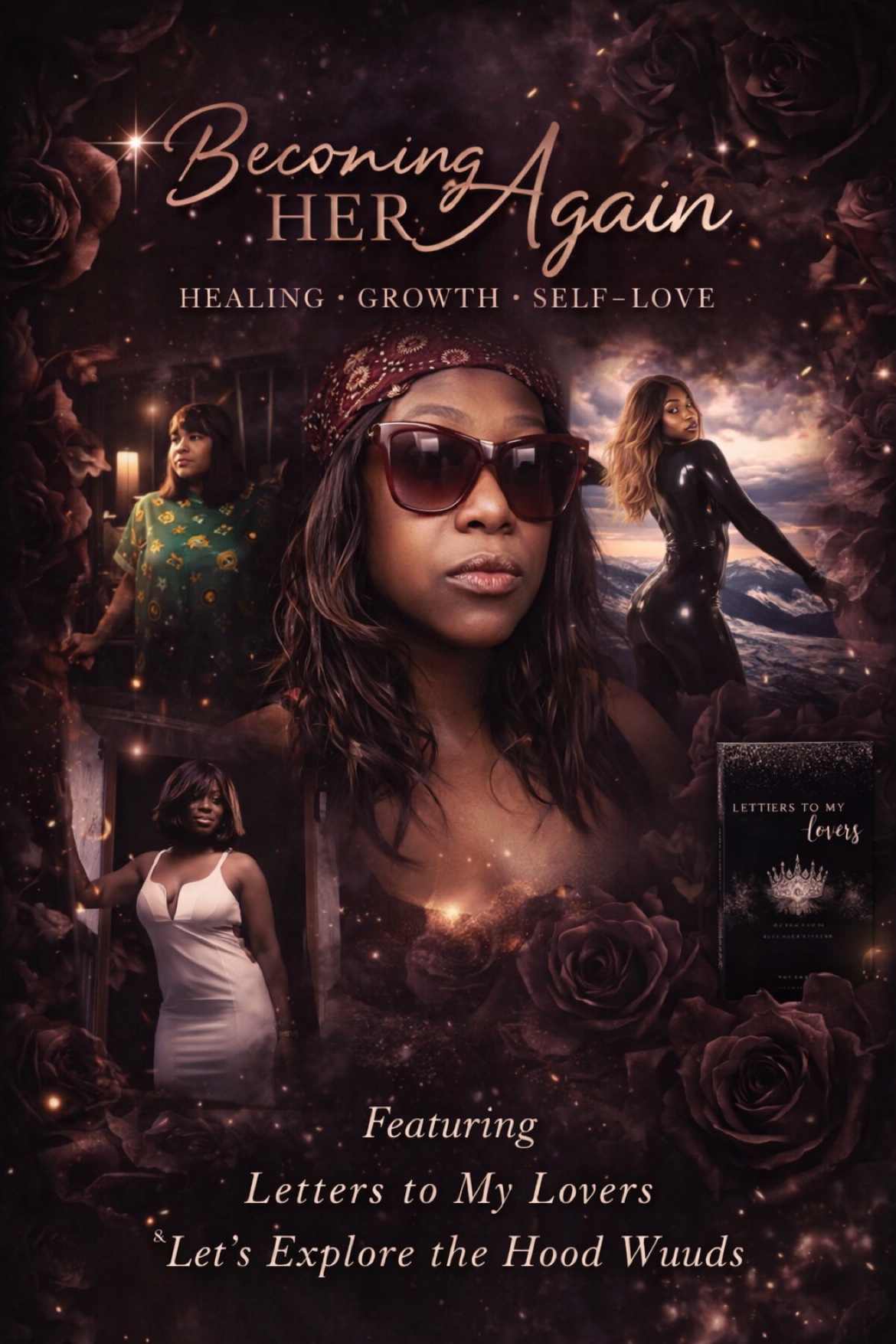 Becoming Her Again promotional poster featuring Venus, Letters to My Lovers, and Let’s Explore the Hood Wuuds