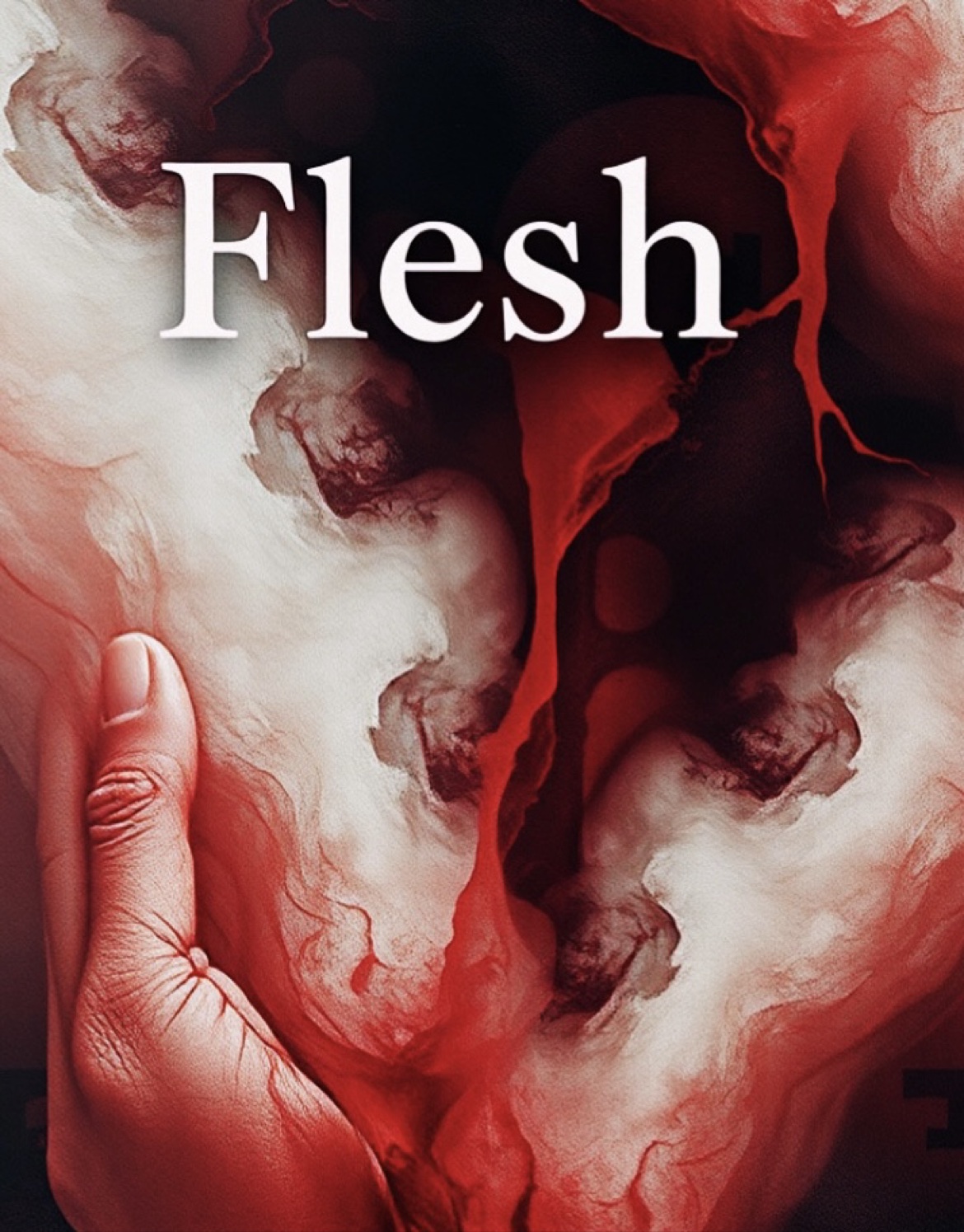 Cover of Flesh by Venus L — red and white abstract art with a hand, titled Flesh