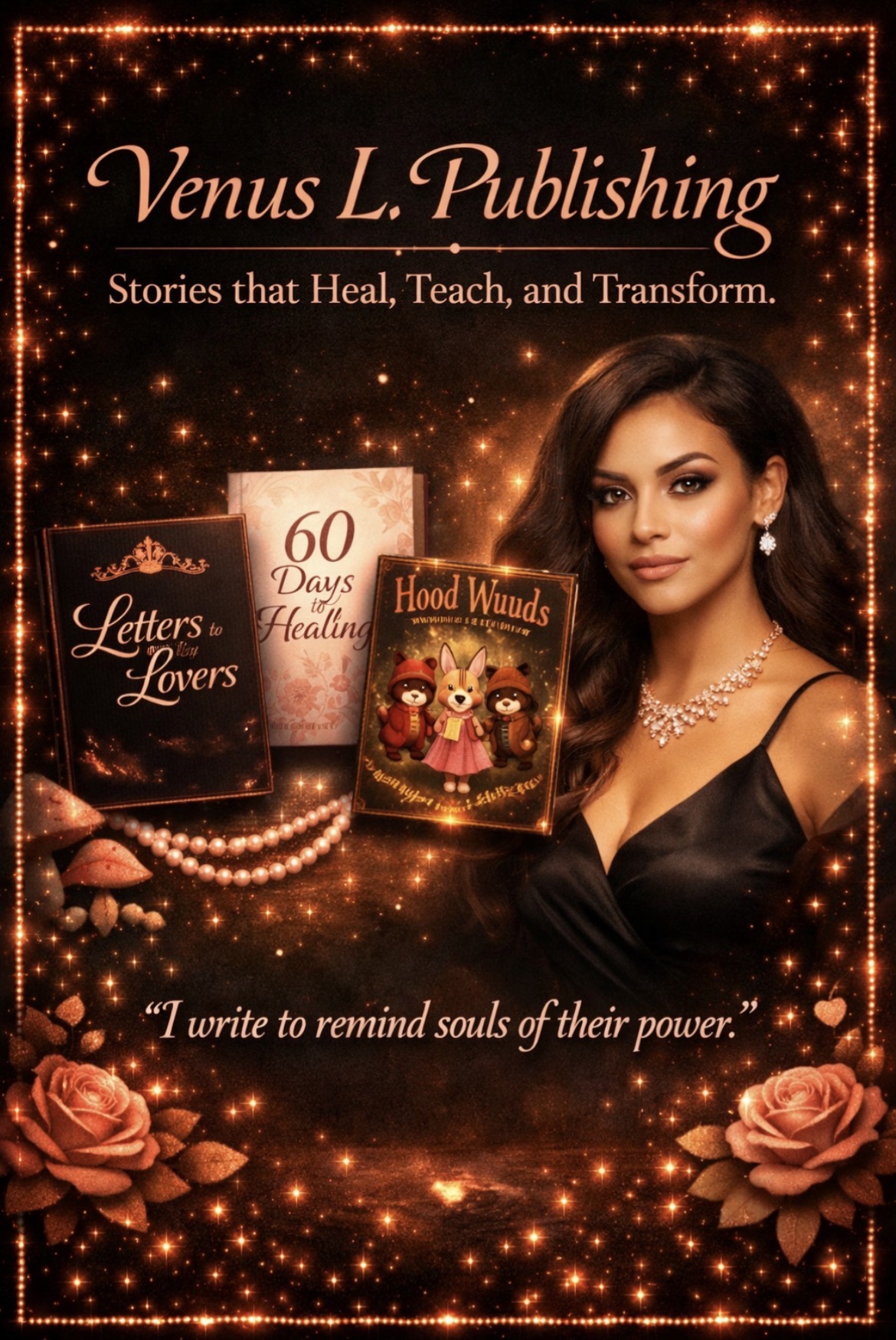 Venus L. Publishing poster — Stories that Heal, Teach, and Transform — featuring Venus L. with Letters to My Lovers, 60 Days to Healing, and Hood Wuuds
