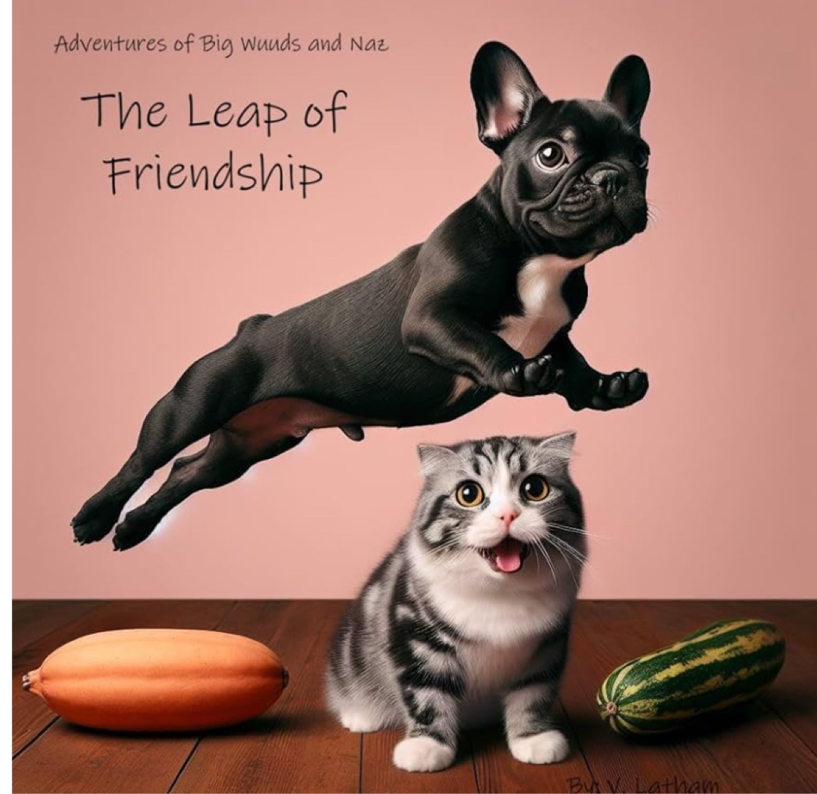 Cover of The Adventures of Big Wuuds and Naz — Leap of Friendship by V. Latham — a black French bulldog leaping over a smiling tabby cat