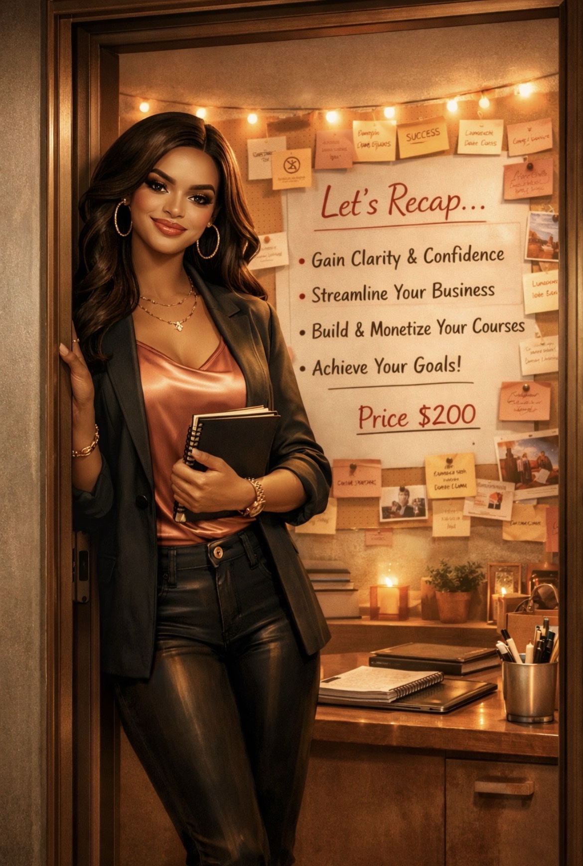 Venus beside a 'Let's Recap' board — Gain Clarity & Confidence, Streamline Your Business, Build & Monetize Your Courses, Achieve Your Goals — strategy session priced at $200