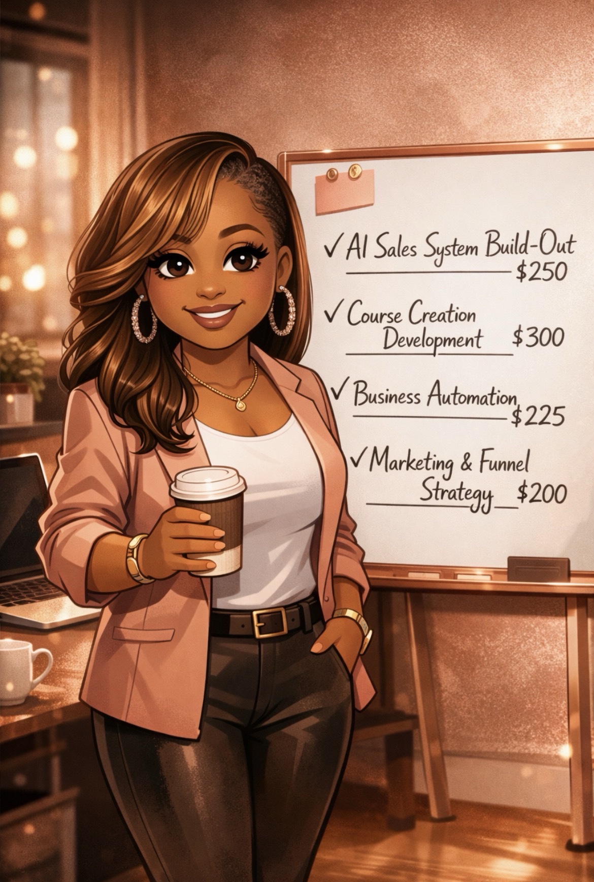 Illustration of Venus holding a coffee beside a whiteboard listing her AI services: AI Sales System Build-Out, Course Creation Development, Business Automation, and Marketing and Funnel Strategy