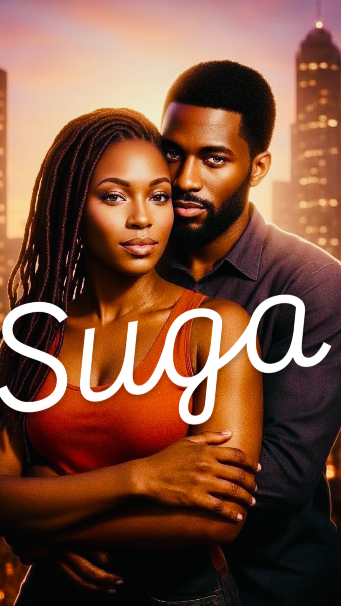Cover of Suga by Venus L — a couple embracing against a city skyline at sunset, titled Suga